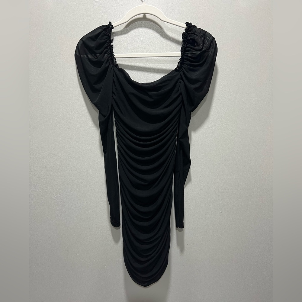 Black Long Sleeve Ruched Mini Dress- XS